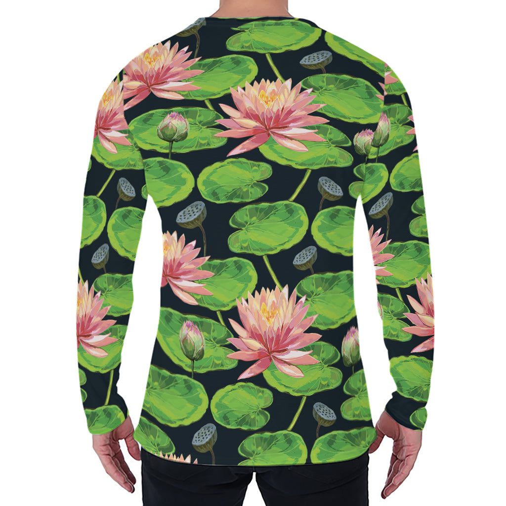 Water Lily Flower Pattern Print Men's Long Sleeve T-Shirt