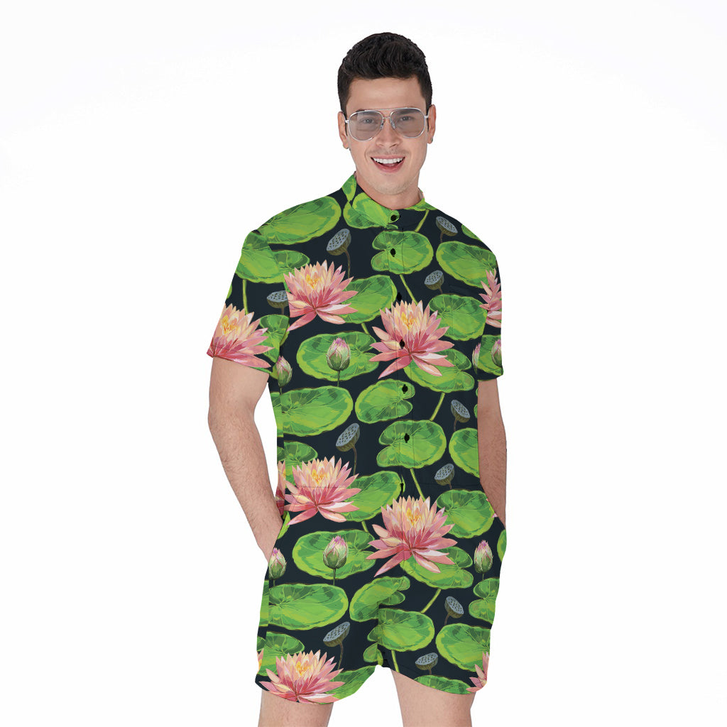 Water Lily Flower Pattern Print Men's Rompers
