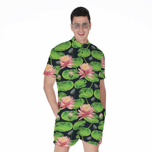 Water Lily Flower Pattern Print Men's Rompers