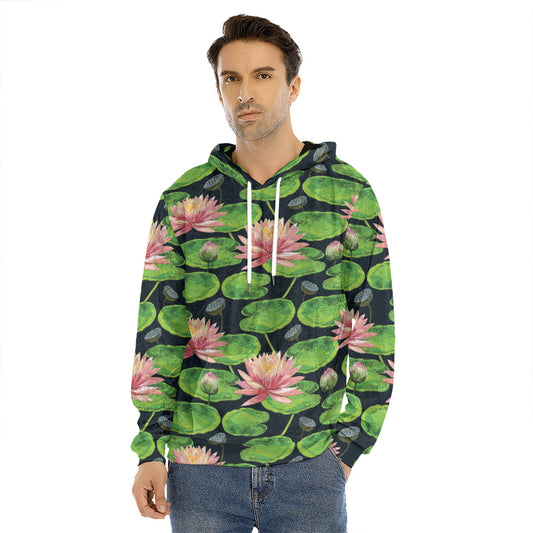 Water Lily Flower Pattern Print Men's Velvet Pullover Hoodie