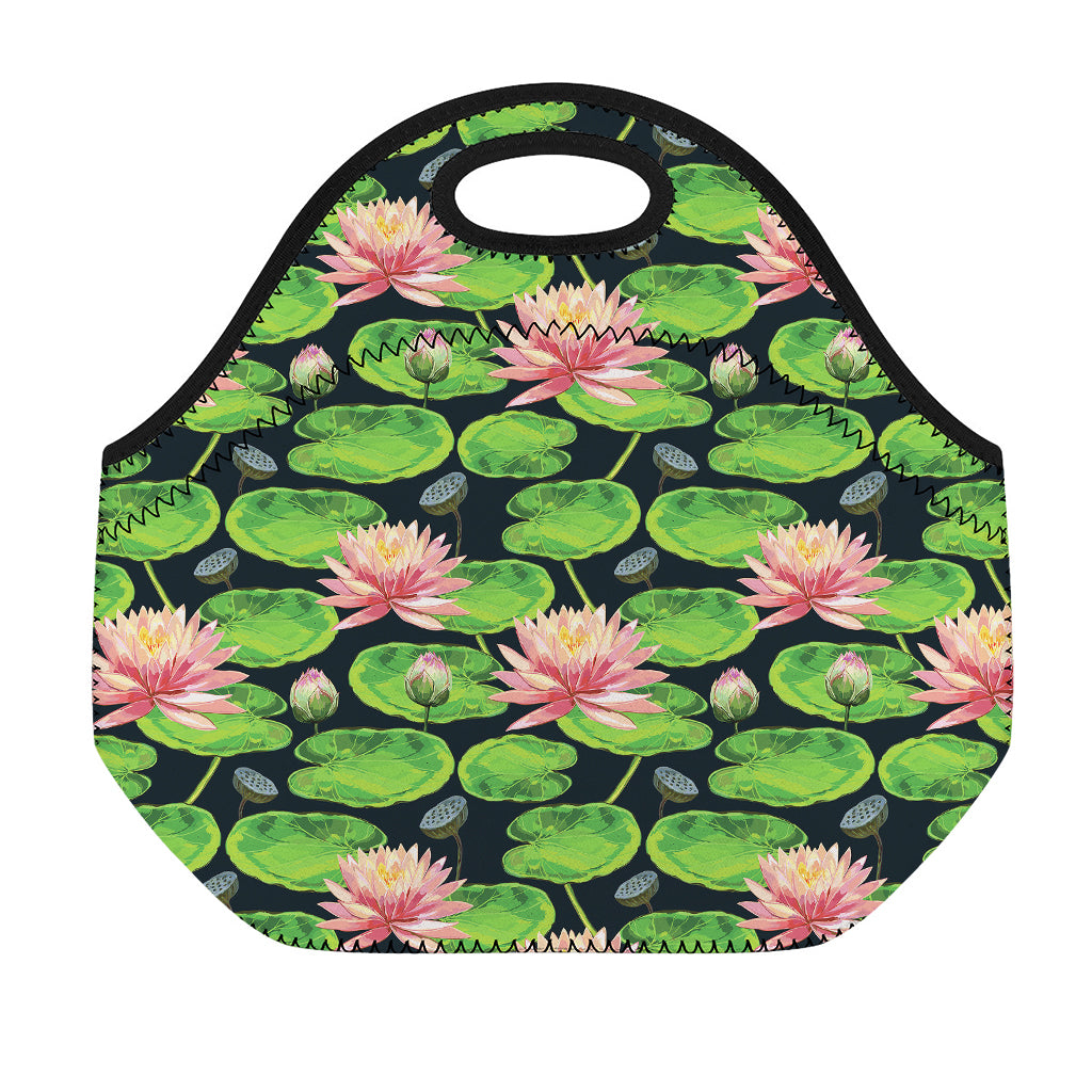 Water Lily Flower Pattern Print Neoprene Lunch Bag