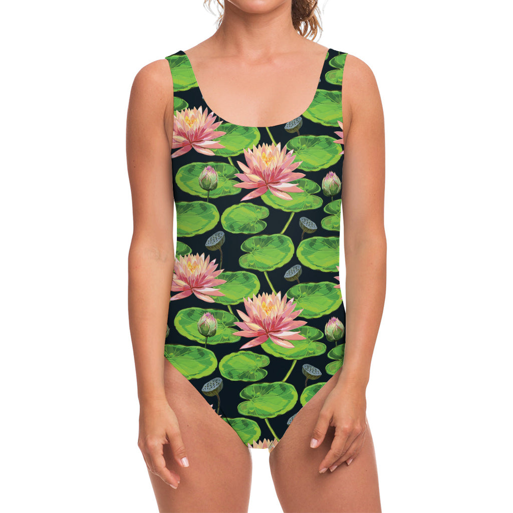 Water Lily Flower Pattern Print One Piece Swimsuit