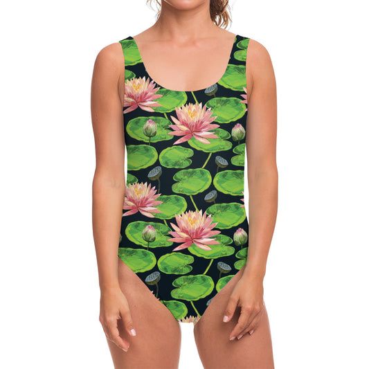 Water Lily Flower Pattern Print One Piece Swimsuit