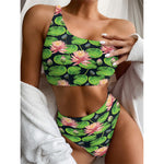 Water Lily Flower Pattern Print One Shoulder Bikini Top