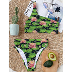 Water Lily Flower Pattern Print One Shoulder Bikini Top