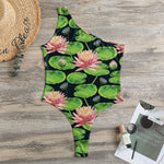 Water Lily Flower Pattern Print One Shoulder Bodysuit
