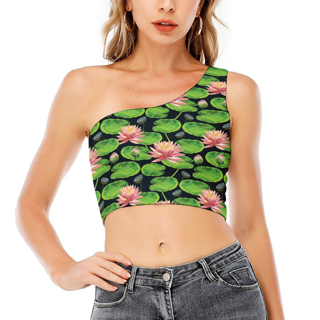 Water Lily Flower Pattern Print One Shoulder Crop Top