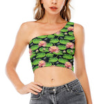 Water Lily Flower Pattern Print One Shoulder Crop Top
