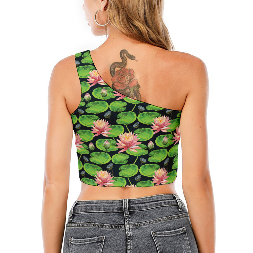 Water Lily Flower Pattern Print One Shoulder Crop Top