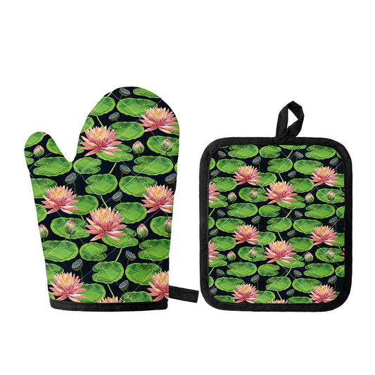 Water Lily Flower Pattern Print Oven Mitt And Pot Holder Set