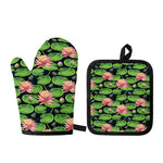 Water Lily Flower Pattern Print Oven Mitt And Pot Holder Set