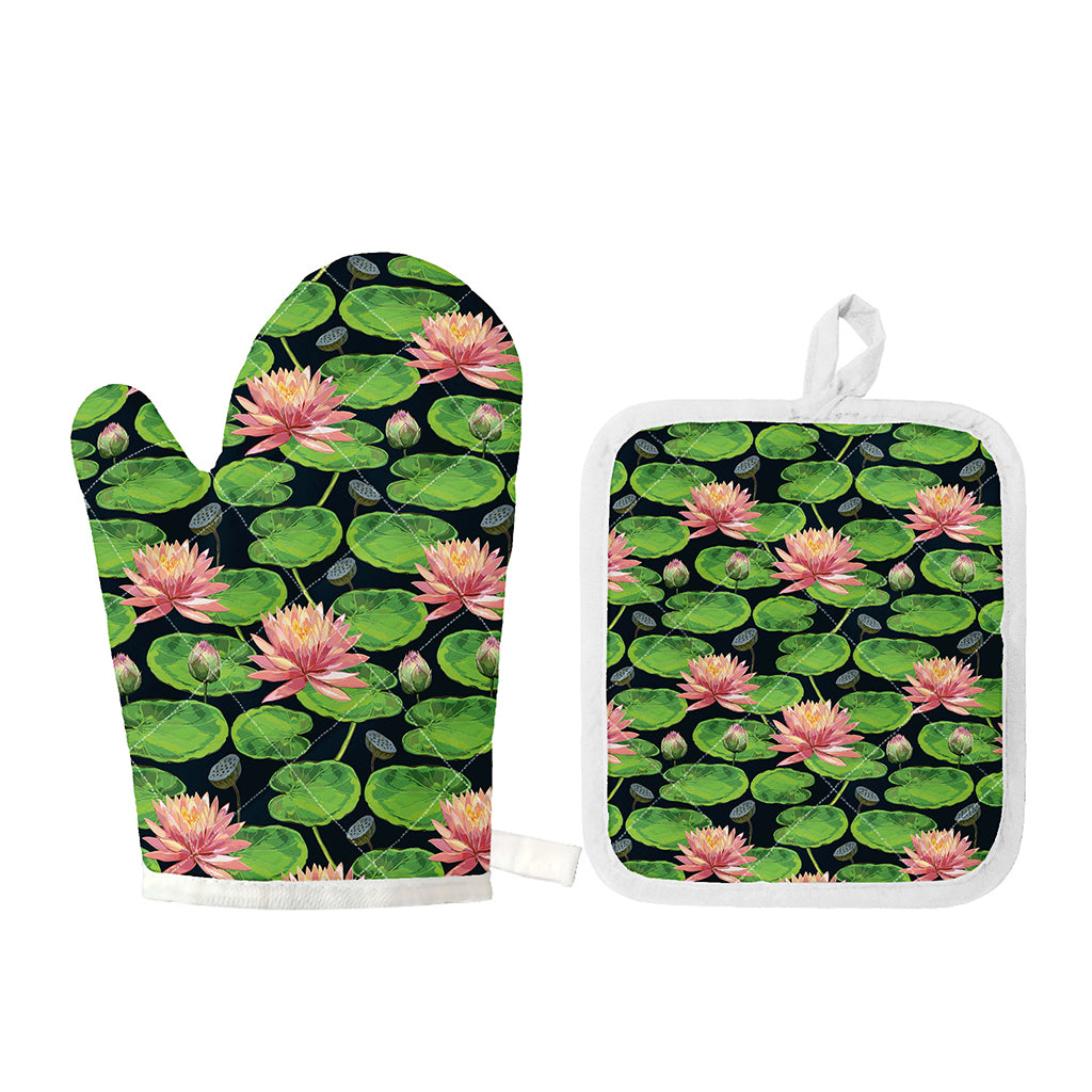 Water Lily Flower Pattern Print Oven Mitt And Pot Holder Set
