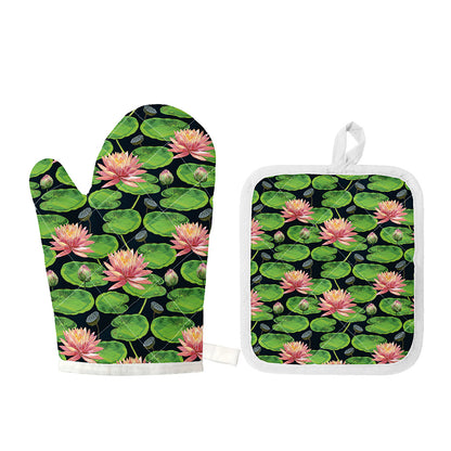 Water Lily Flower Pattern Print Oven Mitt And Pot Holder Set
