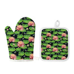 Water Lily Flower Pattern Print Oven Mitt And Pot Holder Set