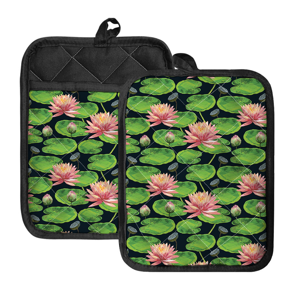 Water Lily Flower Pattern Print Pot Holders With Pocket