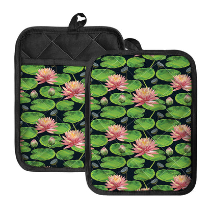 Water Lily Flower Pattern Print Pot Holders With Pocket