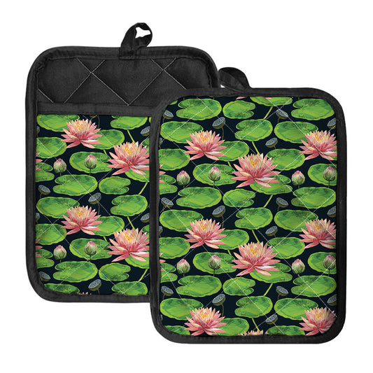 Water Lily Flower Pattern Print Pot Holders With Pocket