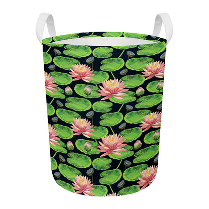 Water Lily Flower Pattern Print Round Laundry Basket
