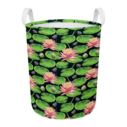 Water Lily Flower Pattern Print Round Laundry Basket