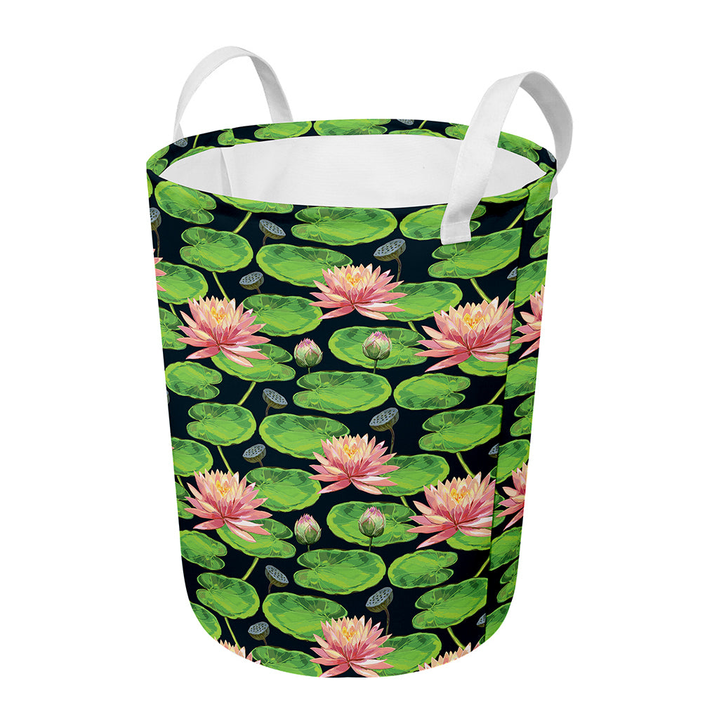 Water Lily Flower Pattern Print Round Laundry Basket