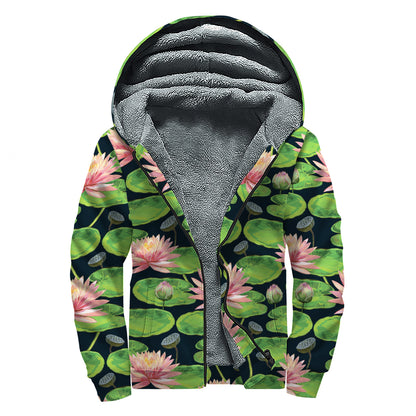 Water Lily Flower Pattern Print Sherpa Lined Zip Up Hoodie