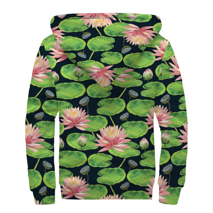 Water Lily Flower Pattern Print Sherpa Lined Zip Up Hoodie