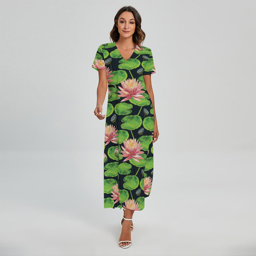 Water Lily Flower Pattern Print Short Sleeve Maxi Dress