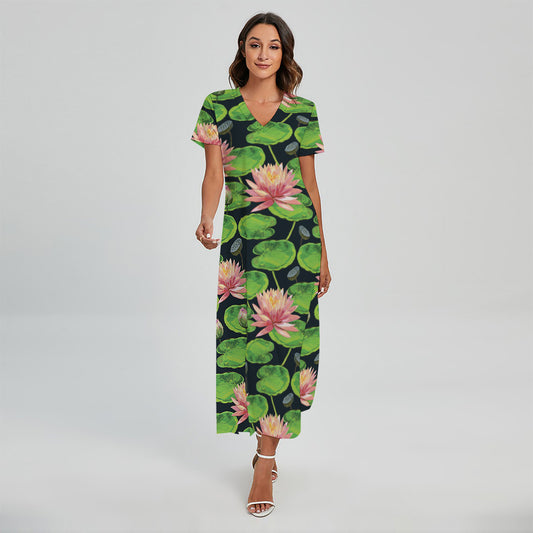Water Lily Flower Pattern Print Short Sleeve Maxi Dress