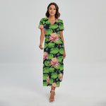 Water Lily Flower Pattern Print Short Sleeve Maxi Dress