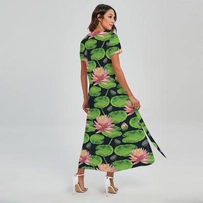 Water Lily Flower Pattern Print Short Sleeve Maxi Dress