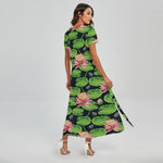 Water Lily Flower Pattern Print Short Sleeve Maxi Dress