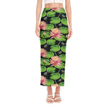 Water Lily Flower Pattern Print Side Slit Maxi Skirt