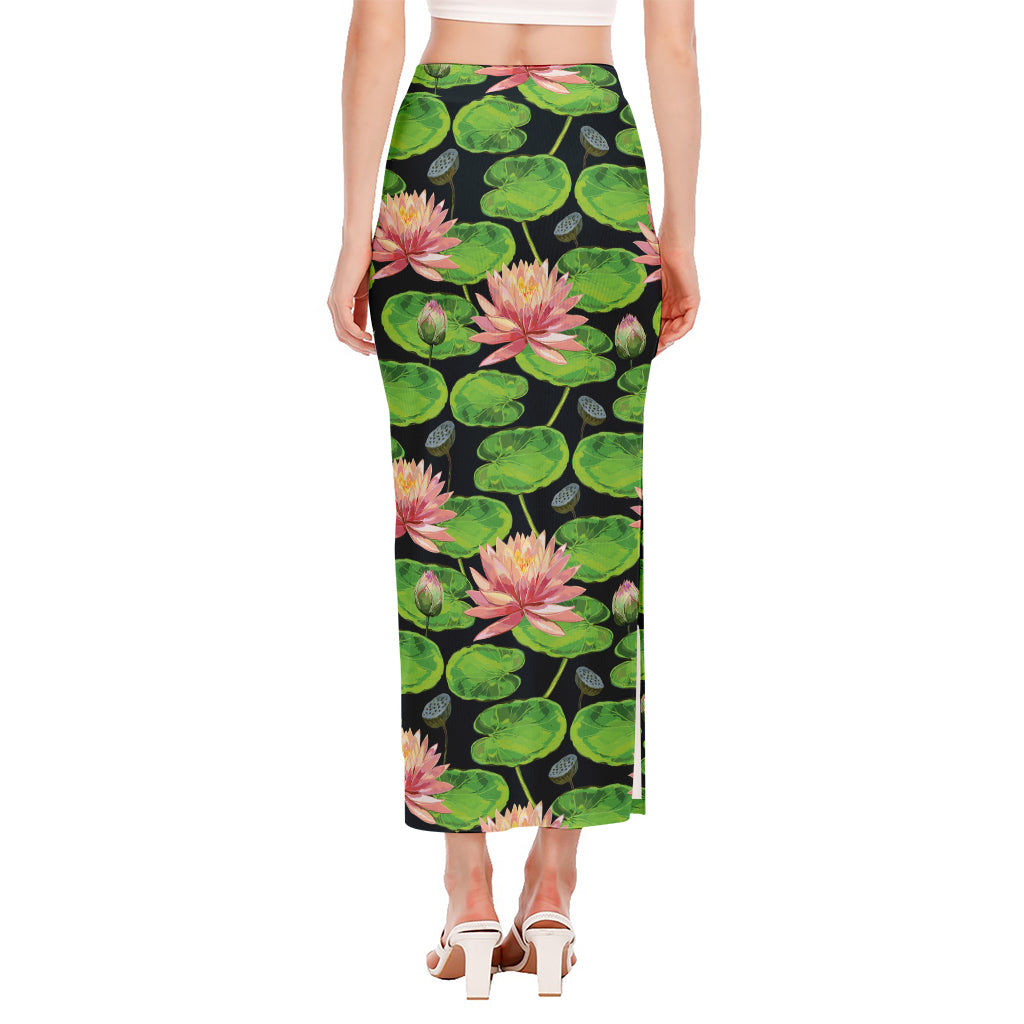 Water Lily Flower Pattern Print Side Slit Maxi Skirt