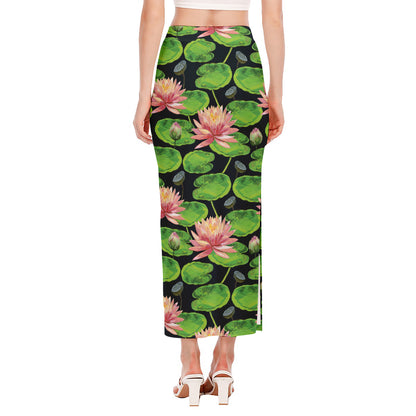 Water Lily Flower Pattern Print Side Slit Maxi Skirt