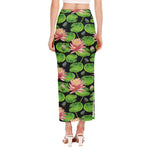 Water Lily Flower Pattern Print Side Slit Maxi Skirt