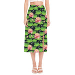 Water Lily Flower Pattern Print Side Slit Midi Skirt