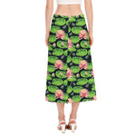 Water Lily Flower Pattern Print Side Slit Midi Skirt