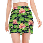 Water Lily Flower Pattern Print Side Slit Mini Skirt