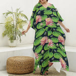 Water Lily Flower Pattern Print Silk V-Neck Kaftan Dress