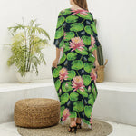 Water Lily Flower Pattern Print Silk V-Neck Kaftan Dress
