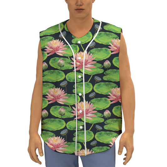 Water Lily Flower Pattern Print Sleeveless Baseball Jersey