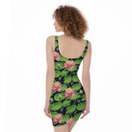 Water Lily Flower Pattern Print Sleeveless Bodycon Dress