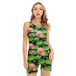 Water Lily Flower Pattern Print Sleeveless One Piece Swimsuit