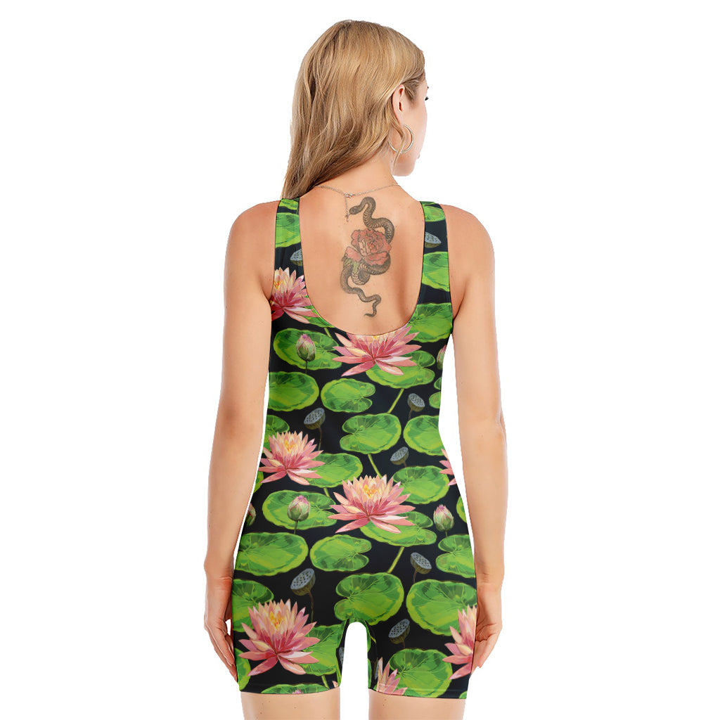 Water Lily Flower Pattern Print Sleeveless One Piece Swimsuit