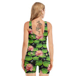 Water Lily Flower Pattern Print Sleeveless One Piece Swimsuit