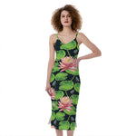 Water Lily Flower Pattern Print Slim Fit Midi Cami Dress