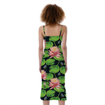 Water Lily Flower Pattern Print Slim Fit Midi Cami Dress