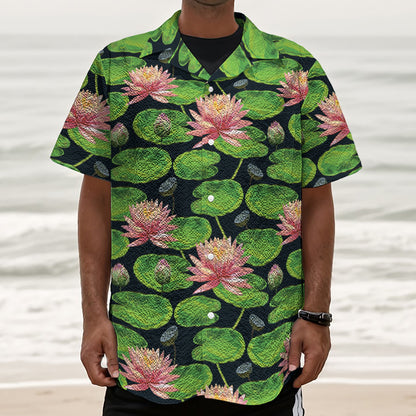Water Lily Flower Pattern Print Textured Short Sleeve Shirt