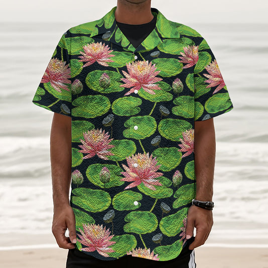 Water Lily Flower Pattern Print Textured Short Sleeve Shirt
