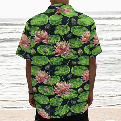 Water Lily Flower Pattern Print Textured Short Sleeve Shirt